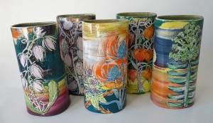 Group of leaning vases hand-painted with wild plants by Lisa Katzenstein
