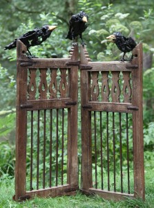 Olivia Ferrier: 'Three Crows on a pair of gates', Bronze with gold plate on a teak and iron gate, unique