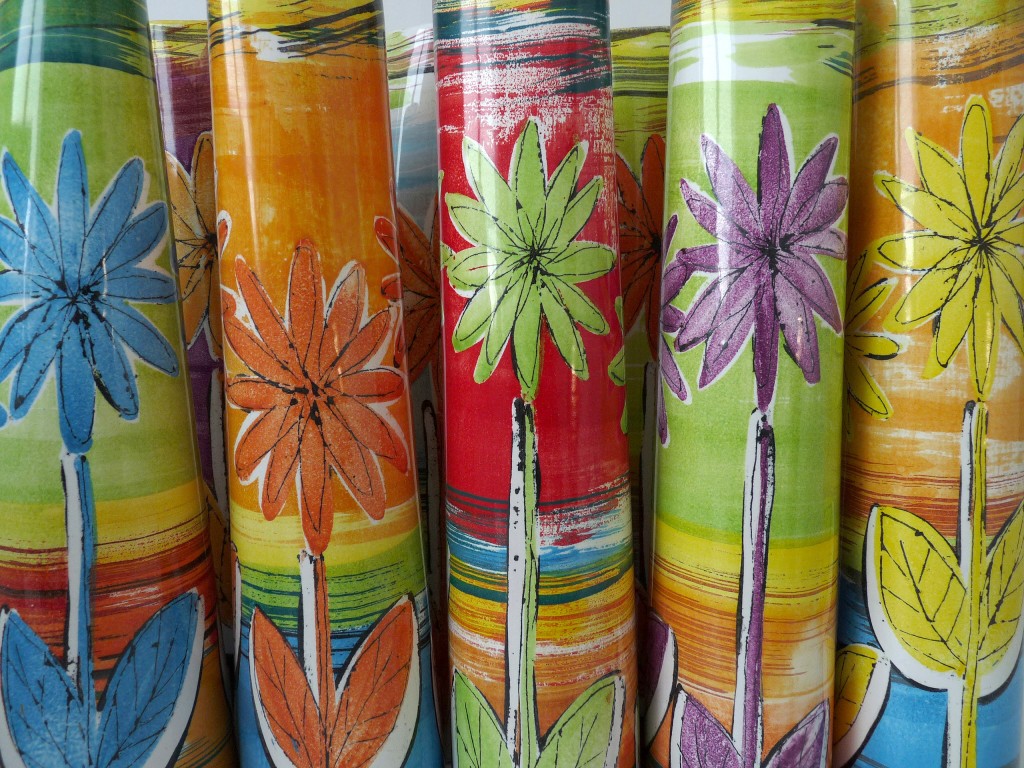 Detail of tall cone vases in 'Flowers' design by Lisa Katzenstein
