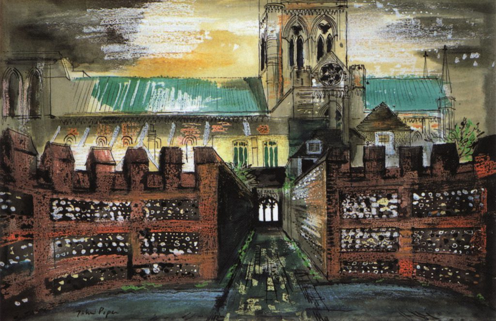John Piper, View of Chichester Cathedral from the Deanery, 1975, ink, watercolour and crayon on paper, Pallant House Gallery (Hussey Bequest, Chichester District Council, 1985) © The Piper Estate / DAC