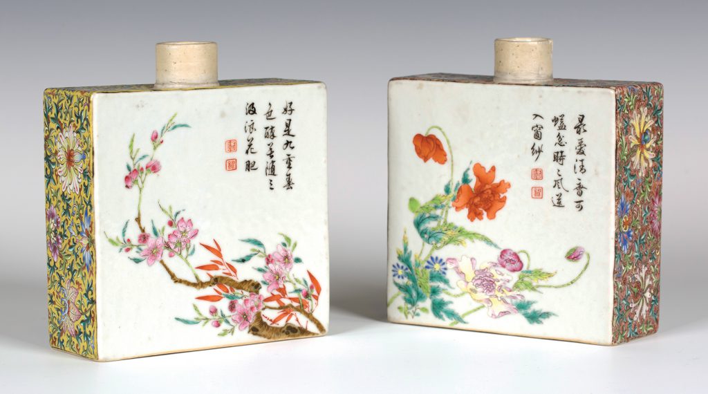 The pair of Chinese imperial famille rose enamelled porcelain rectangular tea caddies