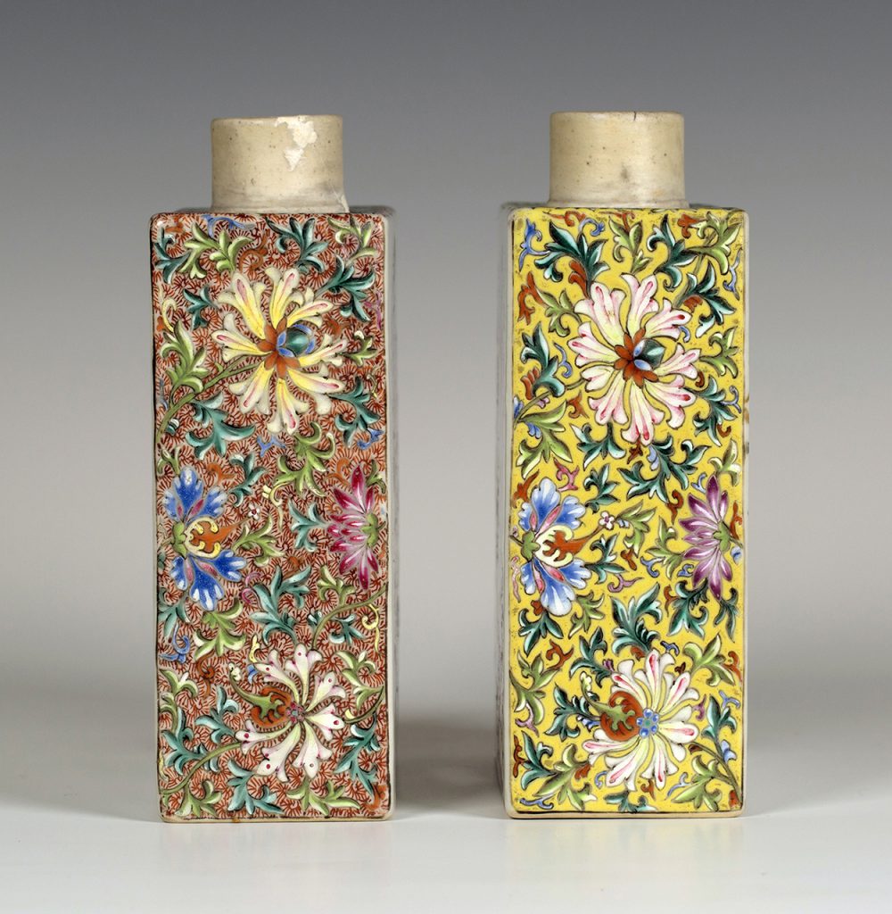 The densely decorated sides of the Chinese famille rose tea caddies, typical of the Qianlong period (1735-1796)