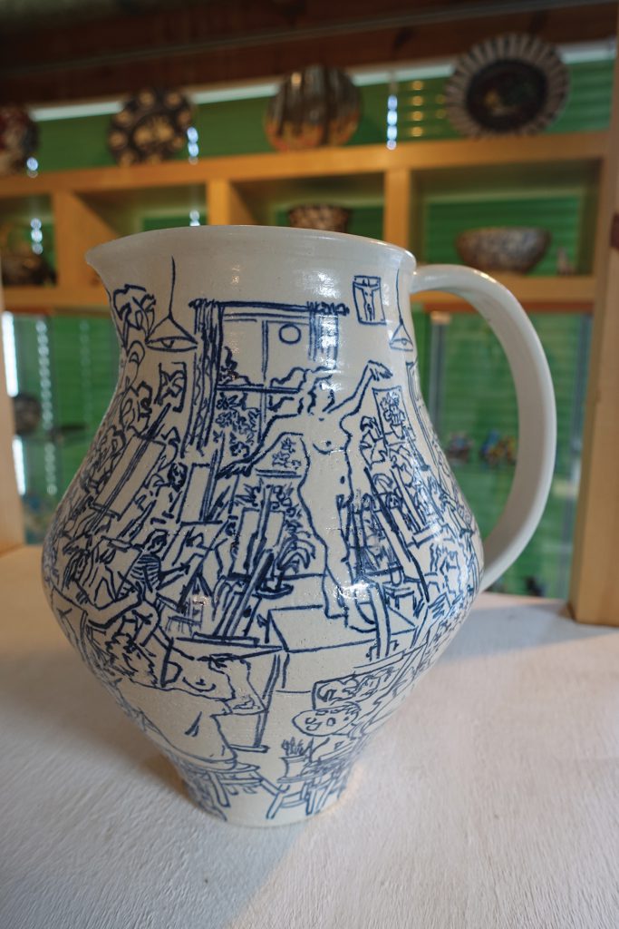 A stoneware jug titled ‘The Art Class’ by Josse Davis