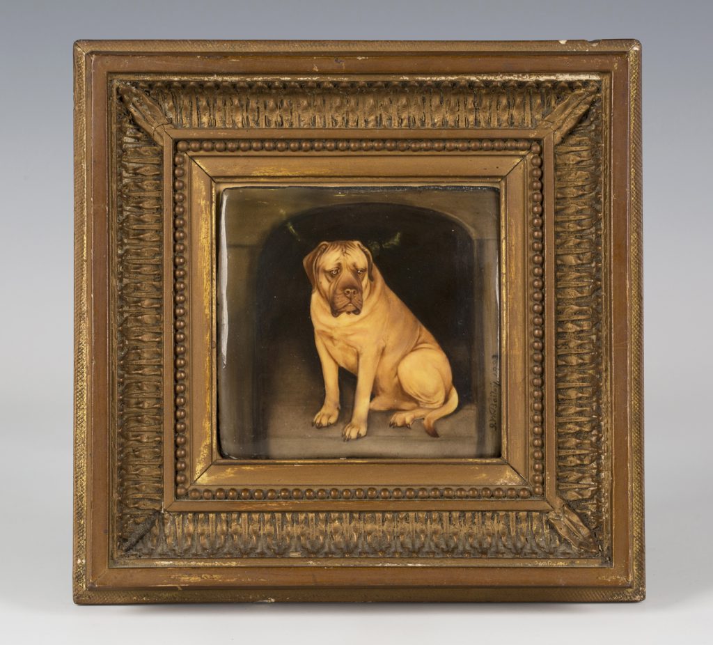 A late 19th century enamelled copper rectangular panel by John William Bailey titled 'Winslow's dog - Champion' from the Nellie Lenson-Smith collection.
