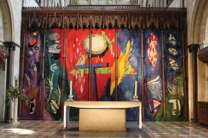 John Piper’s Chichester Cathedral reredos tapestry, circa 1966, depicting the Trinity, the Evangelists and the Elements.