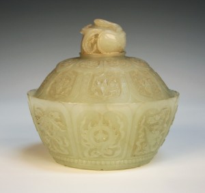 An 18th century Chinese pale celadon jade lotus bowl and a cover, sold at Toovey’s for £52,000