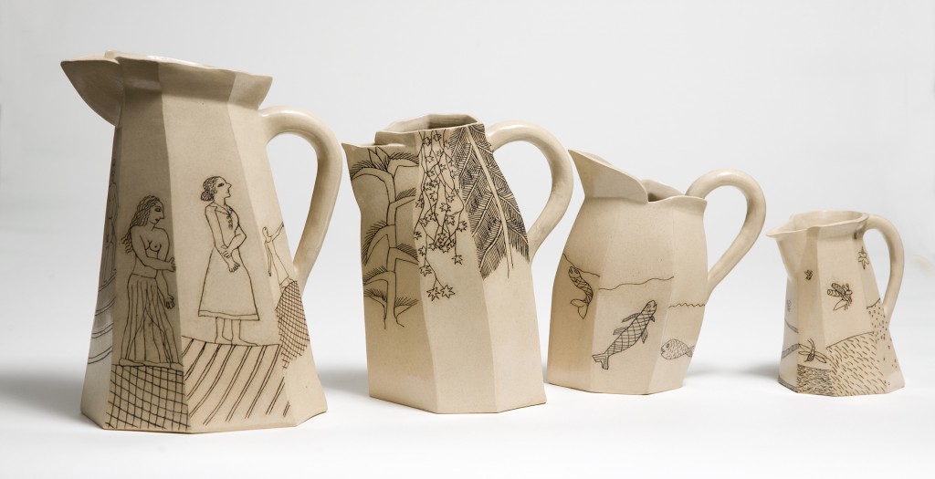 Four graduated jugs by Alison Britton
