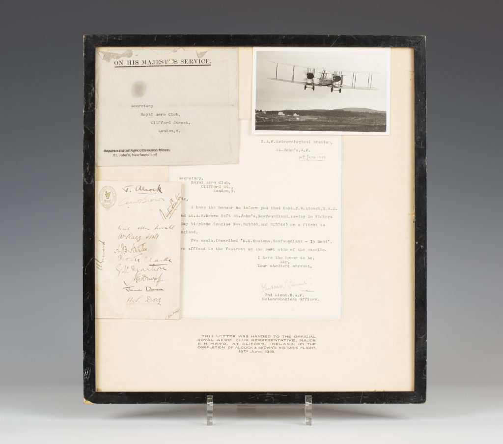 A letter, signatures and photograph relating to the first non-stop flight across the Atlantic by John Alcock and Arthur Whitten Brown in 1919