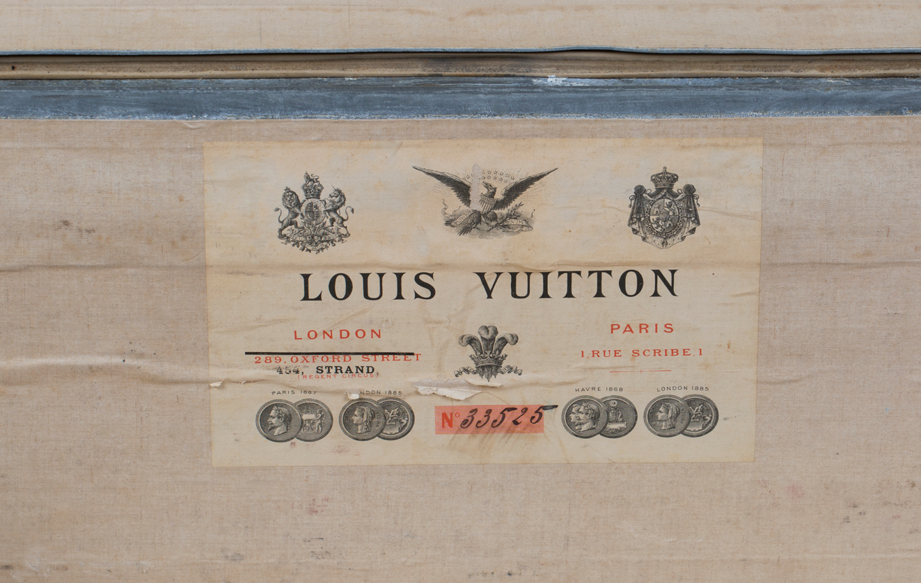 19th century poster advertising Louis Vuitton's flagship at 1 Rue Scribe  and its London location on Chari…