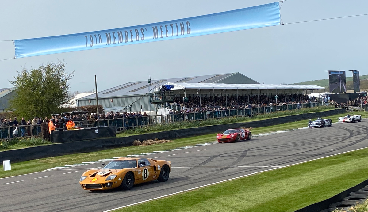 David Hart driving his yellow no. 8 1968 Ford GT40 in the Surtees Trophy at Goodwood